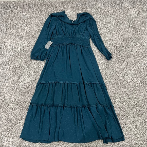 NWT Max Studios Jacquard Satin Tiered Maxi Dress Teal Boho Full Sleeve Size XL - Picture 11 of 11